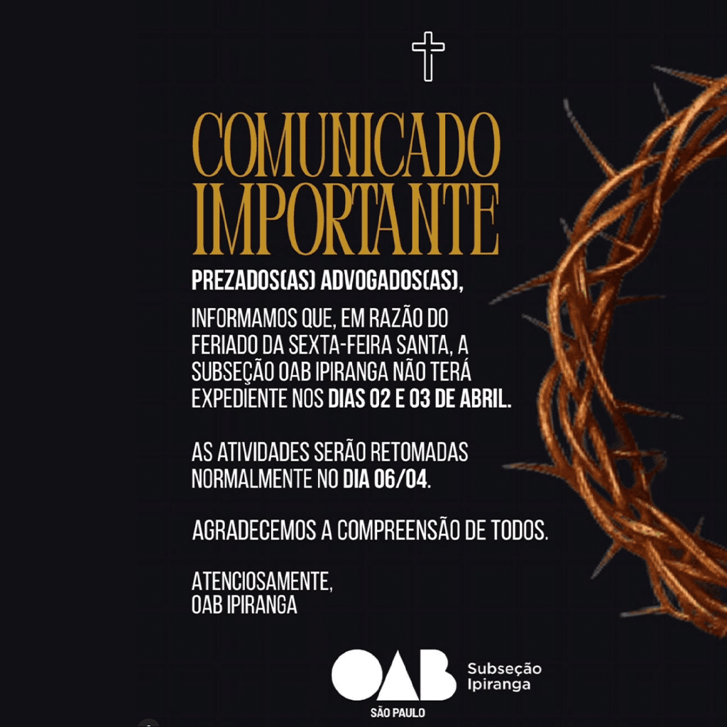Comunicado: Expediente Feriado de Endoenças e Paixão de Cristo