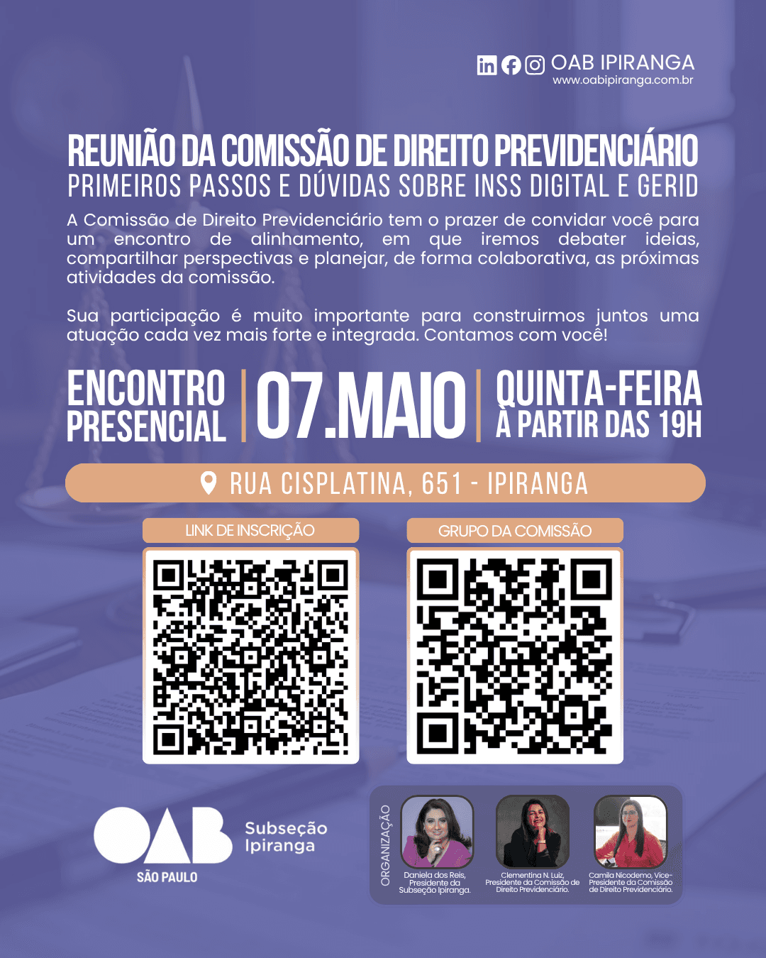 📢 Reunião da Comissão de Direito Previdenciário