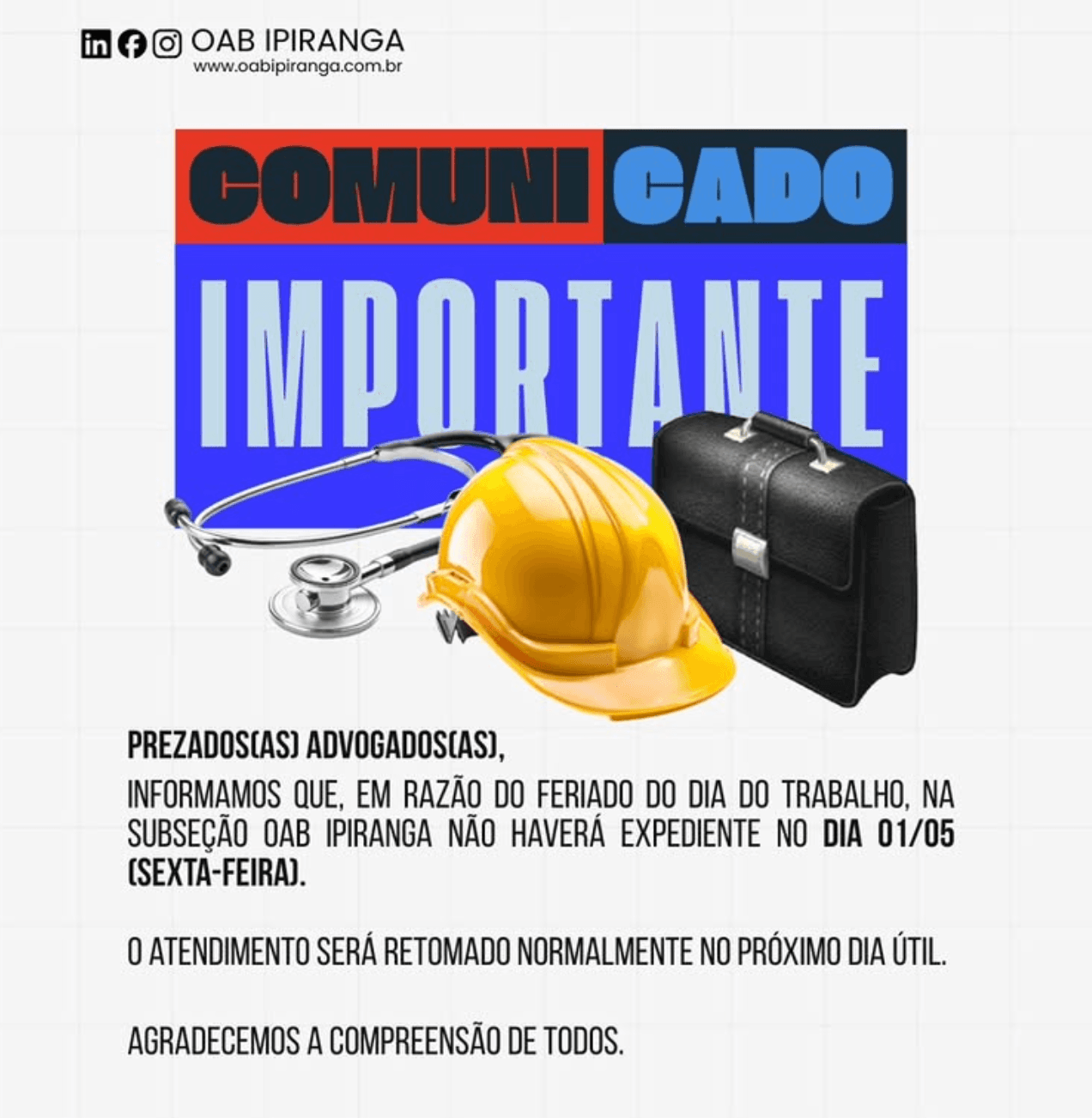 Comunicado: Expediente Feriado Dia do Trabalho