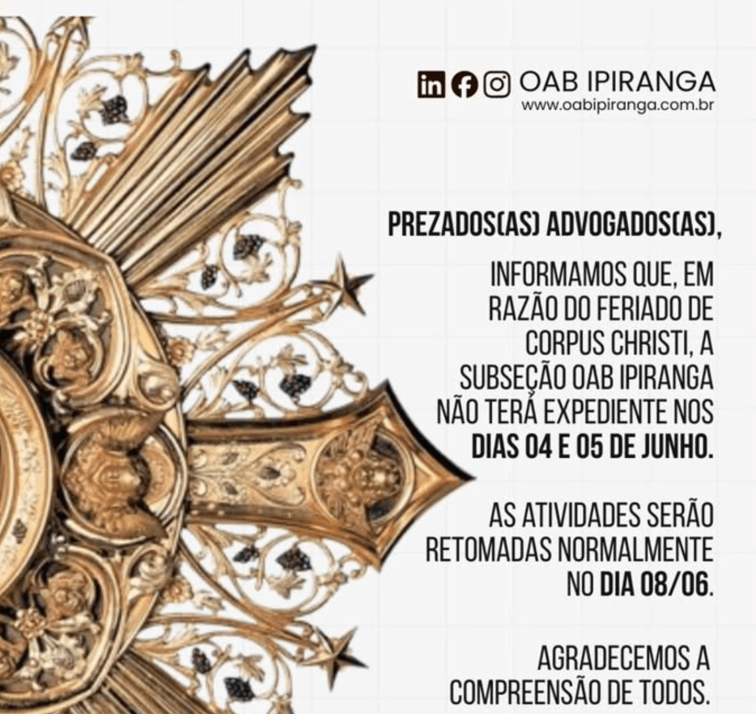 Comunicado: Feriado Corpus Chriti