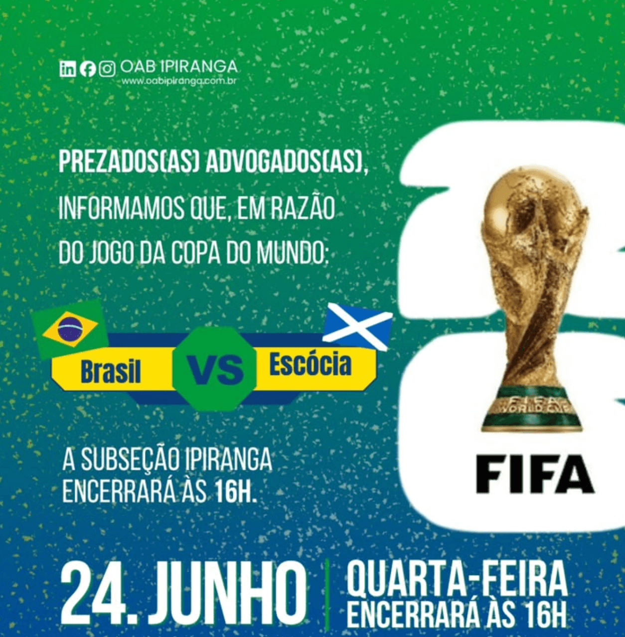 Comunicado: BRASIL X ESCÓCIA