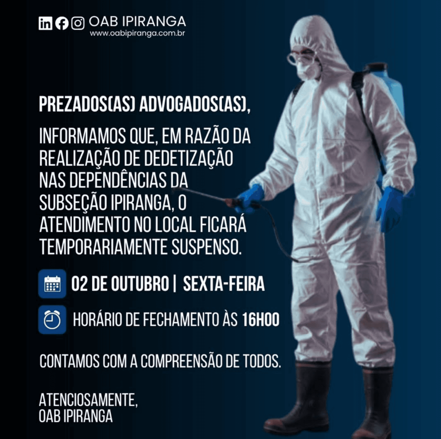 Comunicado: Detetização dia 02 OUT - sexta-feira