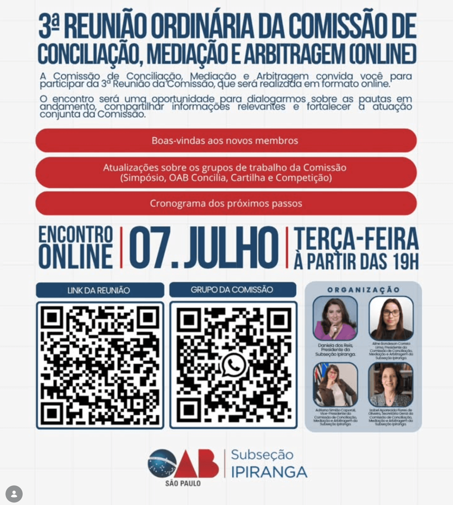 Reunião Online da Comissão de Conciliação, Mediação e Arbitragem